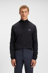 Zip-neck cotton sweater with logo print, Dark Blue