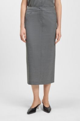 Jupe crayon en laine vierge chin&eacute;e, Gris