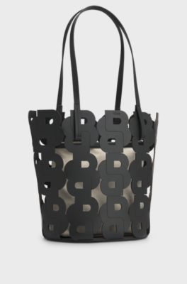 Double B monogram leather tote bag with internal pouch, Black