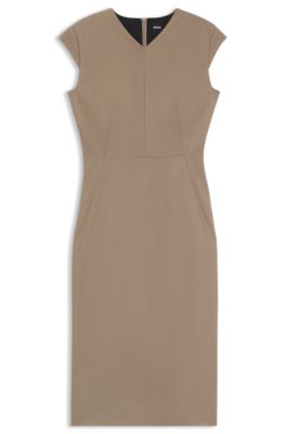 Cap-sleeve dress in stretch fabric, Beige