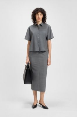 Chemisier court en laine vierge chin&eacute;e, Gris