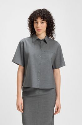 Cropped blouse in melange virgin wool, Grey