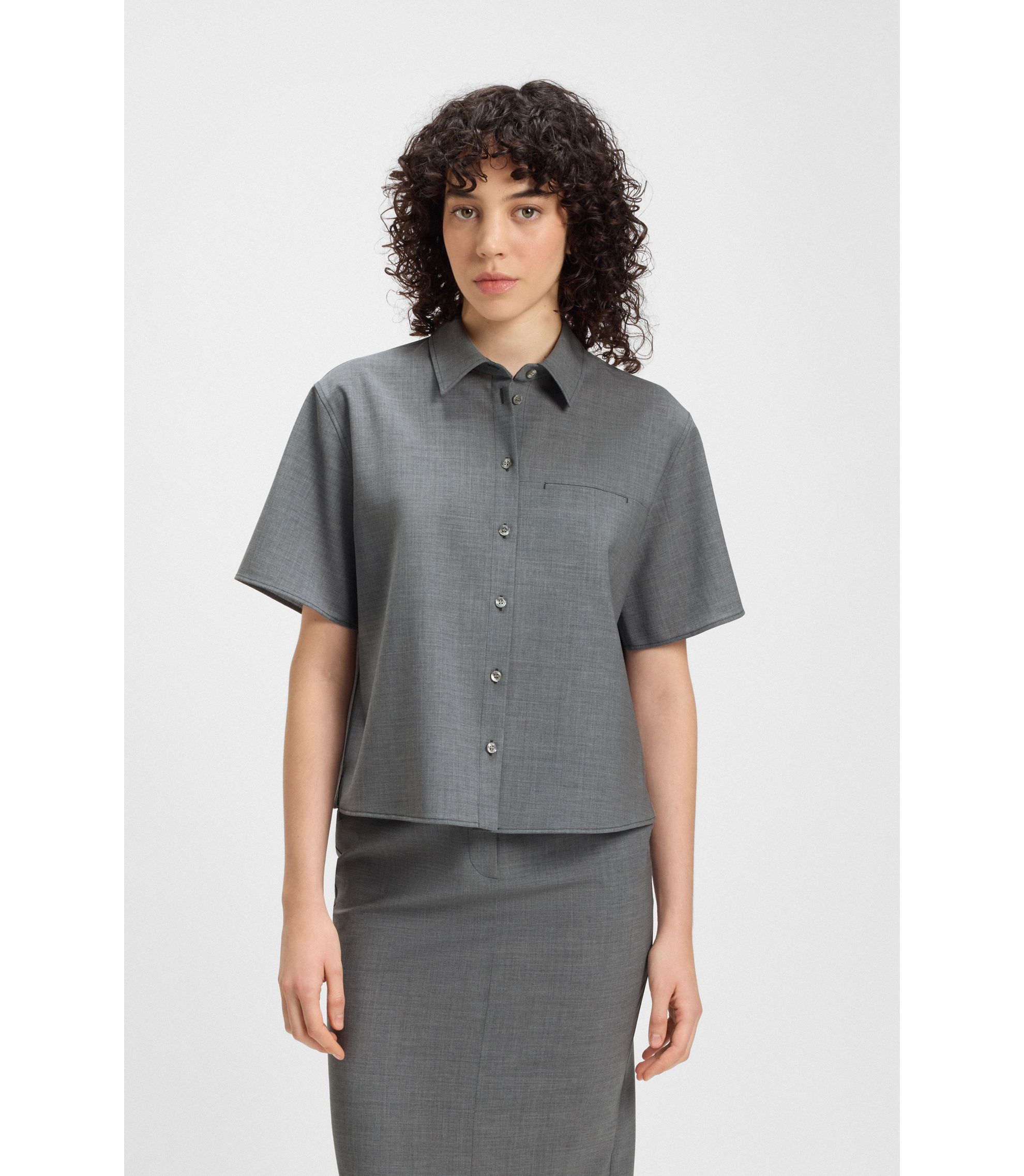 BOSS - Cropped blouse in melange virgin wool - Grey