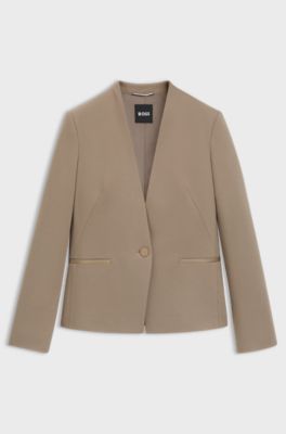 Collarless regular-fit blazer with hardware button, Beige