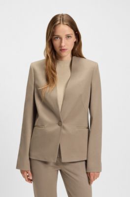 Blazer sem colarinho de ajuste regular com bot&atilde;o de ferragens, Beige