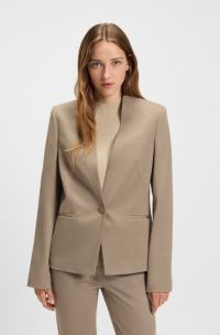 Collarless regular-fit blazer with hardware button, Beige