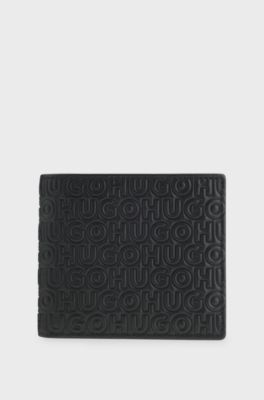 Leather wallet with stacked and geometric logo embossing, Black