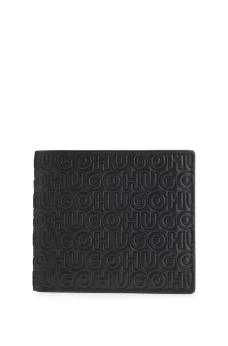 Leather wallet with stacked and geometric logo embossing