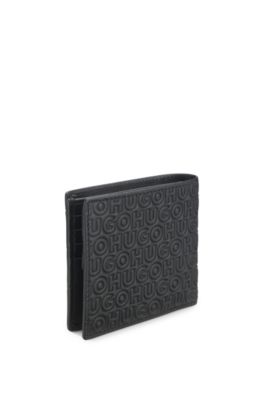 Leather wallet with stacked and geometric logo embossing, Black