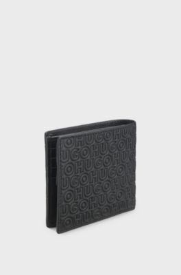 Leather wallet with stacked and geometric logo embossing, Black