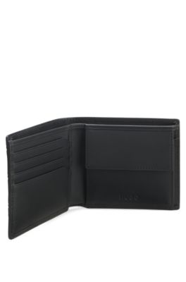 Leather wallet with stacked and geometric logo embossing, Black