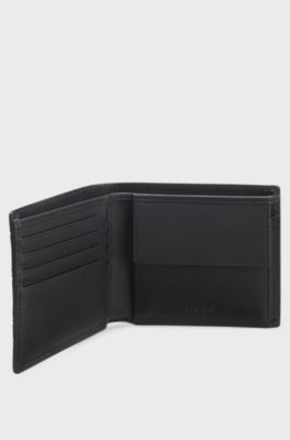 Leather wallet with stacked and geometric logo embossing, Black