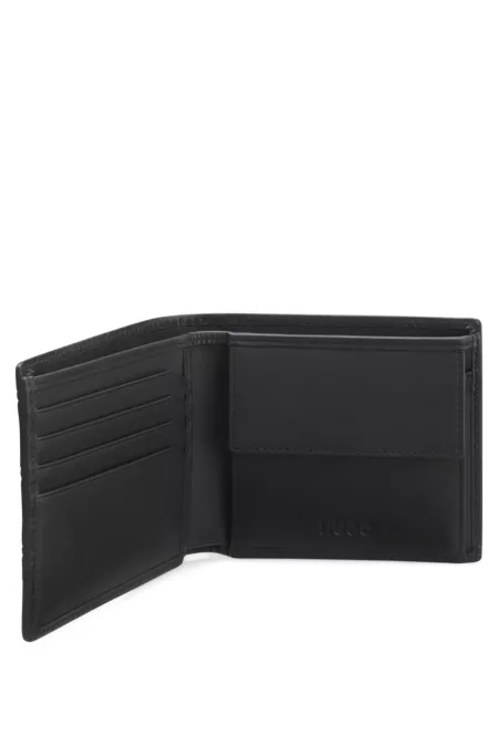 Leather wallet with stacked and geometric logo embossing