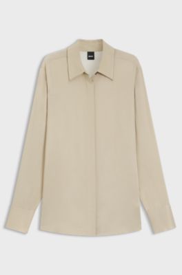 Regular-fit blouse in satin, Light Beige