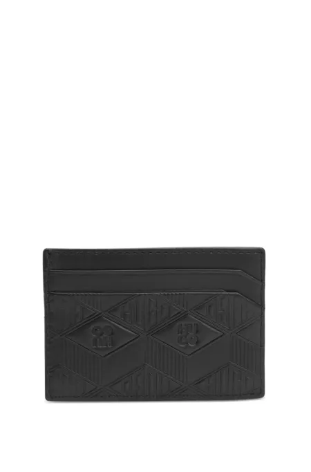 Leather card holder with stacked and geometric logo embossing