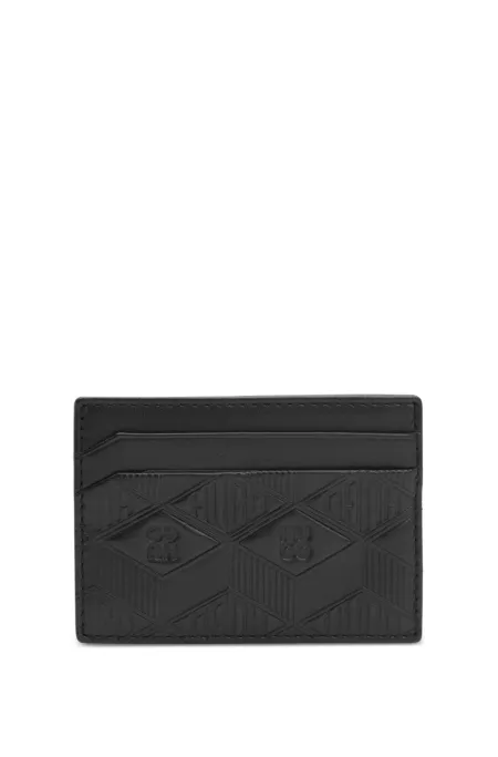 Leather card holder with stacked and geometric logo embossing