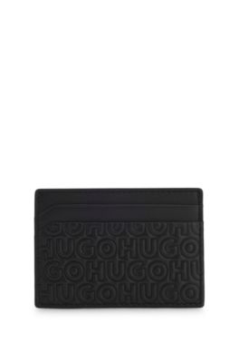 Leather card holder with stacked and geometric logo embossing, Black