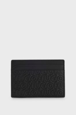 Leather card holder with stacked and geometric logo embossing, Black