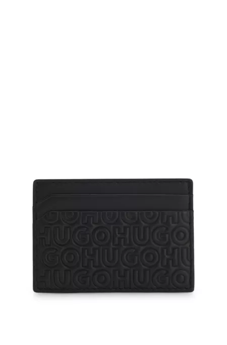 Leather card holder with stacked and geometric logo embossing