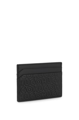 Leather card holder with stacked and geometric logo embossing, Black