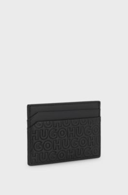 Leather card holder with stacked and geometric logo embossing, Black
