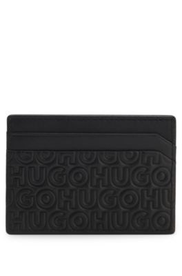Leather card holder with stacked and geometric logo embossing, Black