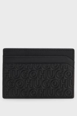 Leather card holder with stacked and geometric logo embossing, Black