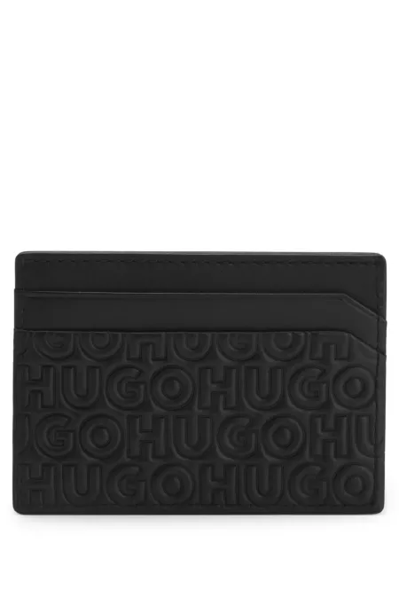 Leather card holder with stacked and geometric logo embossing