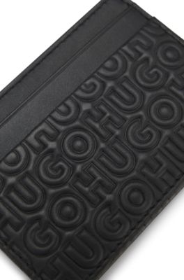 Leather card holder with stacked and geometric logo embossing, Black
