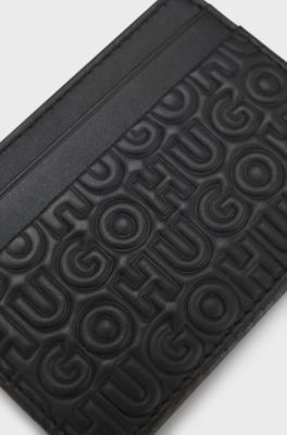 Leather card holder with stacked and geometric logo embossing, Black