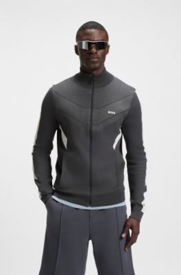 Zip-up jacket in jacquard-structured cotton, Dark Grey