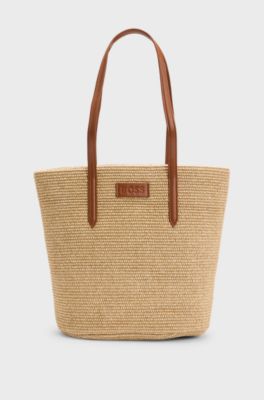 Raffia tote bag with detachable pouch, Beige