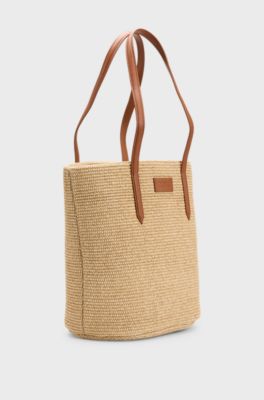 Raffia tote bag with detachable pouch, Beige