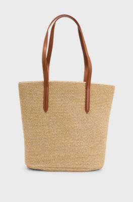 Raffia tote bag with detachable pouch, Beige