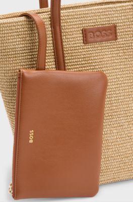 Raffia tote bag with detachable pouch, Beige