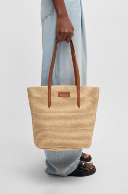 Raffia tote bag with detachable pouch, Beige