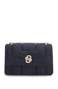 Doorgestikte denim schoudertas met Double B-monogram, Donkerblauw
