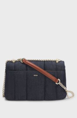 Borsa a spalla in denim trapuntato con monogramma Double B, Blu scuro