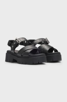 Leather sandals with buckled strap and chunky sole, Black