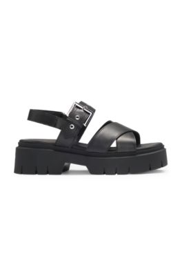 Leather sandals with buckled strap and chunky sole, Black
