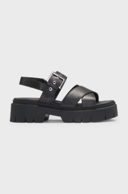 Leather sandals with buckled strap and chunky sole, Black