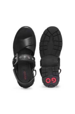 Leather sandals with buckled strap and chunky sole, Black