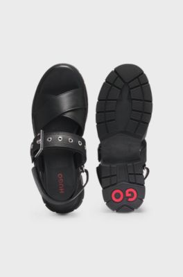 Leather sandals with buckled strap and chunky sole, Black