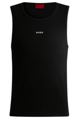 Canotta in cotone elasticizzato a coste con logo stampato, Nero