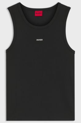 Ribbed stretch-cotton tank top with logo print, Black