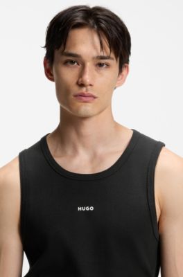 Ribbed stretch-cotton tank top with logo print, Black