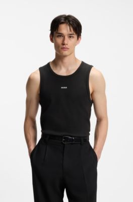 Ribbed stretch-cotton tank top with logo print, Black