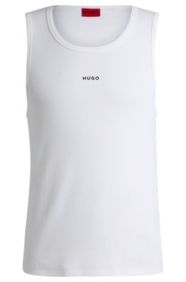 Canotta in cotone elasticizzato a coste con logo stampato, Bianco