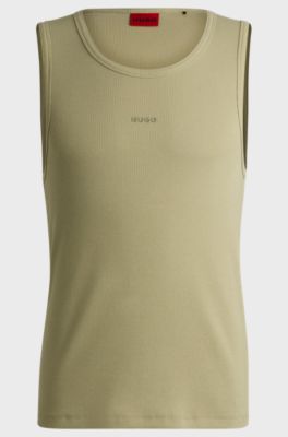 Ribbed stretch-cotton tank top with logo print, Light Green