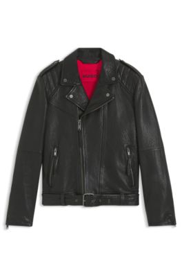 Regular-fit biker jacket in buffalo leather, Black